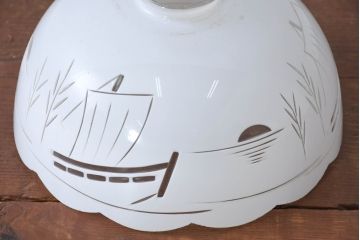 和製アンティーク　戦前　昭和初期　切子のノスタルジックな風景模様が心安らぐ空間を演出する電笠(吊り下げ照明、ペンダントライト、天井照明、シェード、照明カバー)(R-083897)