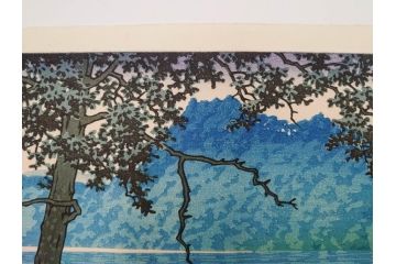 真作　後摺り　わたなべ印　昭和16年川瀬巴水作　「信州 松原湖」　繊細な色彩表現が美しい木版画　(R-083908)