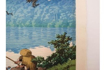 真作　後摺り　わたなべ印　昭和16年川瀬巴水作　「信州 松原湖」　繊細な色彩表現が美しい木版画　(R-083908)