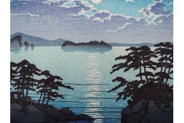 真作　後摺り わたなべ印　昭和8年川瀬巴水 松嶋島双子島」 幻想的な色彩美に惹かれる木版画　(R-083909)