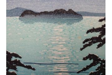 真作　後摺り わたなべ印　昭和8年川瀬巴水 松嶋島双子島」 幻想的な色彩美に惹かれる木版画　(R-083909)