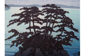 真作　後摺り わたなべ印　昭和8年川瀬巴水 松嶋島双子島」 幻想的な色彩美に惹かれる木版画　(R-083909)