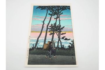 真作　後摺り木版画　わたなべ印　昭和29年川瀬巴水作　「勿来乃夕 (勿来の夕)」　(R-083910)