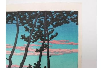 真作　後摺り木版画　わたなべ印　昭和29年川瀬巴水作　「勿来乃夕 (勿来の夕)」　(R-083910)