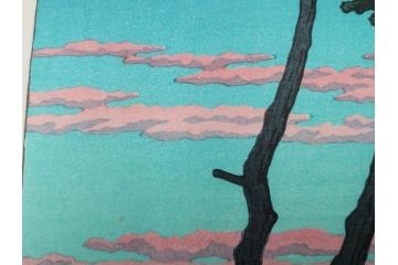 真作　後摺り木版画　わたなべ印　昭和29年川瀬巴水作　「勿来乃夕 (勿来の夕)」　(R-083910)