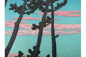 真作　後摺り木版画　わたなべ印　昭和29年川瀬巴水作　「勿来乃夕 (勿来の夕)」　(R-083910)