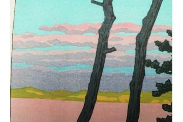 真作　後摺り木版画　わたなべ印　昭和29年川瀬巴水作　「勿来乃夕 (勿来の夕)」　(R-083910)