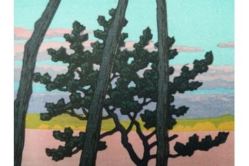 真作　後摺り木版画　わたなべ印　昭和29年川瀬巴水作　「勿来乃夕 (勿来の夕)」　(R-083910)