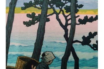 真作　後摺り木版画　わたなべ印　昭和29年川瀬巴水作　「勿来乃夕 (勿来の夕)」　(R-083910)