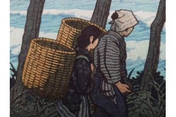 真作　後摺り木版画　わたなべ印　昭和29年川瀬巴水作　「勿来乃夕 (勿来の夕)」　(R-083910)