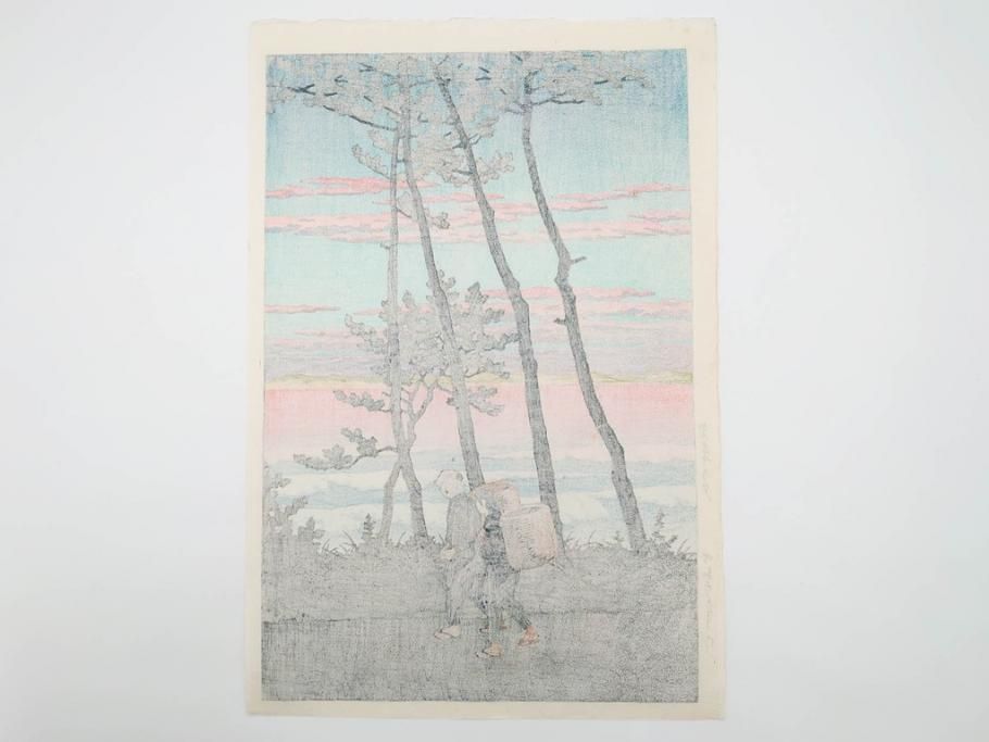 真作　後摺り木版画　わたなべ印　昭和29年川瀬巴水作　「勿来乃夕 (勿来の夕)」　(R-083910)