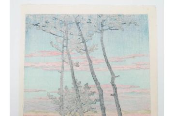 真作　後摺り木版画　わたなべ印　昭和29年川瀬巴水作　「勿来乃夕 (勿来の夕)」　(R-083910)