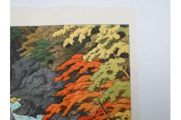 真作　後摺り　わたなべ印　昭和22年川瀬巴水作　「吾妻峡」　雄大な自然の息吹を感じられる木版画　(R-083911)