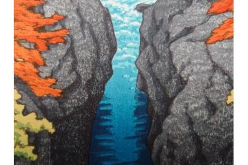 真作　後摺り　わたなべ印　昭和22年川瀬巴水作　「吾妻峡」　雄大な自然の息吹を感じられる木版画　(R-083911)