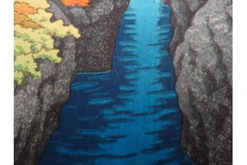 真作　後摺り　わたなべ印　昭和22年川瀬巴水作　「吾妻峡」　雄大な自然の息吹を感じられる木版画　(R-083911)