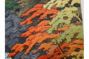 真作　後摺り　わたなべ印　昭和22年川瀬巴水作　「吾妻峡」　雄大な自然の息吹を感じられる木版画　(R-083911)