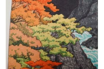 真作　後摺り　わたなべ印　昭和22年川瀬巴水作　「吾妻峡」　雄大な自然の息吹を感じられる木版画　(R-083911)