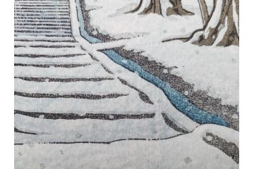 真作　後摺り　わたなべ印　昭和32年川瀬巴水絶筆作　「平泉金色堂」　静謐で美しい日本の冬景色を表現した木版画　(R-083914)