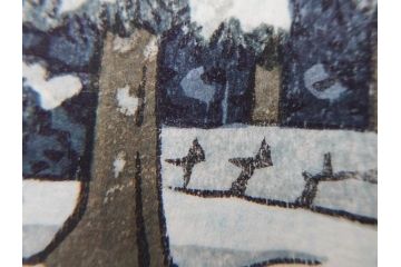 真作　後摺り　わたなべ印　昭和32年川瀬巴水絶筆作　「平泉金色堂」　静謐で美しい日本の冬景色を表現した木版画　(R-083914)