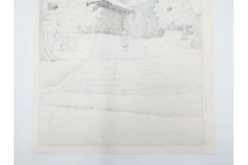 真作　後摺り　わたなべ印　昭和32年川瀬巴水絶筆作　「平泉金色堂」　静謐で美しい日本の冬景色を表現した木版画　(R-083914)