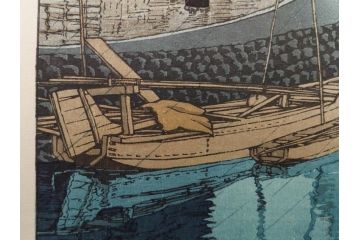 真作　後摺り木版画　わたなべ印　昭和6年川瀬巴水作　「品川」　(R-083915)