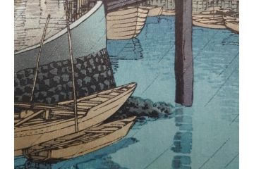 真作　後摺り木版画　わたなべ印　昭和6年川瀬巴水作　「品川」　(R-083915)