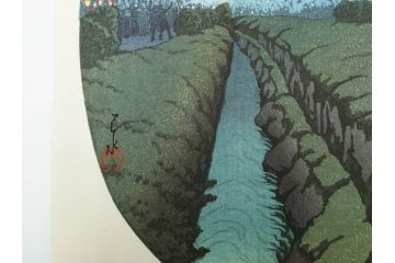 真作　後摺り木版画　わたなべ印　昭和10年川瀬巴水作　「小金井の夜桜」　(R-083916)