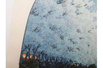 真作　後摺り木版画　わたなべ印　昭和10年川瀬巴水作　「小金井の夜桜」　(R-083916)