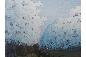 真作　後摺り木版画　わたなべ印　昭和10年川瀬巴水作　「小金井の夜桜」　(R-083916)