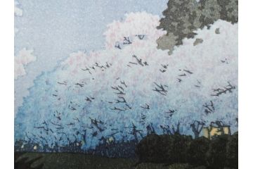 真作　後摺り木版画　わたなべ印　昭和10年川瀬巴水作　「小金井の夜桜」　(R-083916)