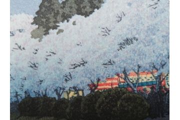 真作　後摺り木版画　わたなべ印　昭和10年川瀬巴水作　「小金井の夜桜」　(R-083916)