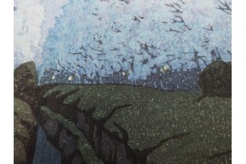 真作　後摺り木版画　わたなべ印　昭和10年川瀬巴水作　「小金井の夜桜」　(R-083916)