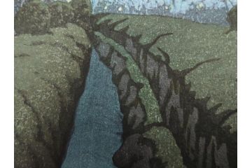 真作　後摺り木版画　わたなべ印　昭和10年川瀬巴水作　「小金井の夜桜」　(R-083916)