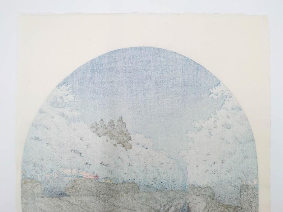 真作　後摺り木版画　わたなべ印　昭和10年川瀬巴水作　「小金井の夜桜」　(R-083916)