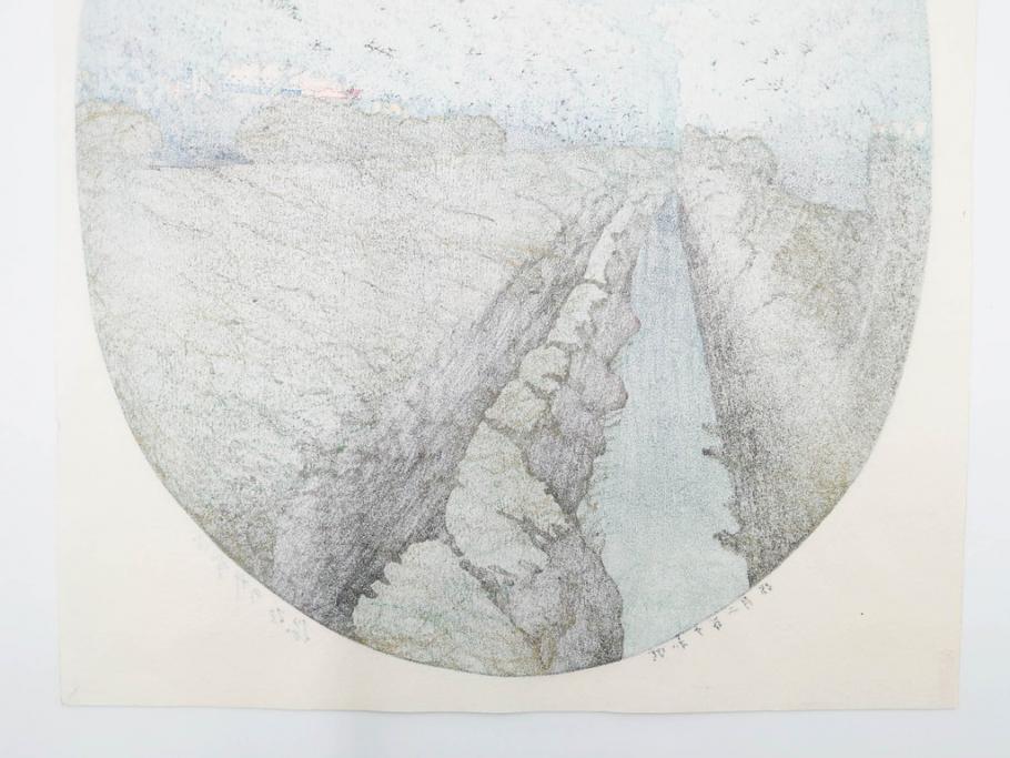 真作　後摺り木版画　わたなべ印　昭和10年川瀬巴水作　「小金井の夜桜」　(R-083916)