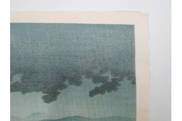 真作　後摺り　わたなべ印　昭和7年川瀬巴水作　「湖畔の雨(松江)」　静かな情景を描いた木版画　(R-083917)