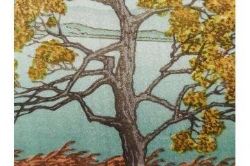 真作　後摺り　わたなべ印　昭和7年川瀬巴水作　「湖畔の雨(松江)」　静かな情景を描いた木版画　(R-083917)