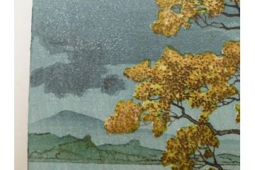 真作　後摺り　わたなべ印　昭和7年川瀬巴水作　「湖畔の雨(松江)」　静かな情景を描いた木版画　(R-083917)