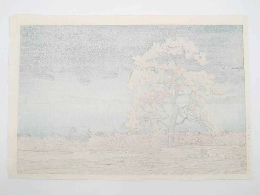 真作　後摺り　わたなべ印　昭和7年川瀬巴水作　「湖畔の雨(松江)」　静かな情景を描いた木版画　(R-083917)