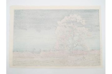 真作　後摺り　わたなべ印　昭和7年川瀬巴水作　「湖畔の雨(松江)」　静かな情景を描いた木版画　(R-083917)