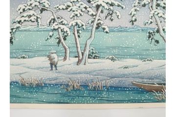 真作　後摺り　わたなべ印　昭和22年川瀬巴水作　「水戸 涸沼の雪」　静かな雪景を描いた木版画　(R-083918)