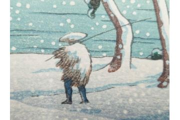 真作　後摺り　わたなべ印　昭和22年川瀬巴水作　「水戸 涸沼の雪」　静かな雪景を描いた木版画　(R-083918)