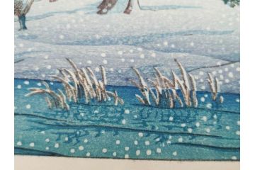 真作　後摺り　わたなべ印　昭和22年川瀬巴水作　「水戸 涸沼の雪」　静かな雪景を描いた木版画　(R-083918)