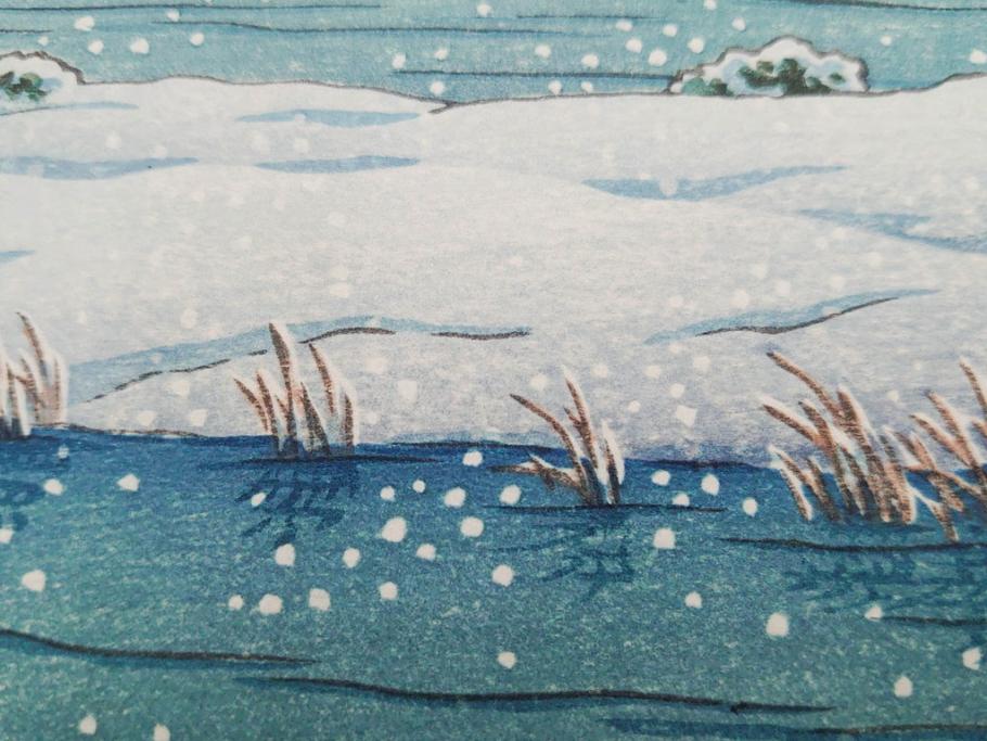 真作　後摺り　わたなべ印　昭和22年川瀬巴水作　「水戸 涸沼の雪」　静かな雪景を描いた木版画　(R-083918)