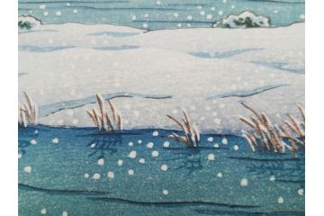 真作　後摺り　わたなべ印　昭和22年川瀬巴水作　「水戸 涸沼の雪」　静かな雪景を描いた木版画　(R-083918)