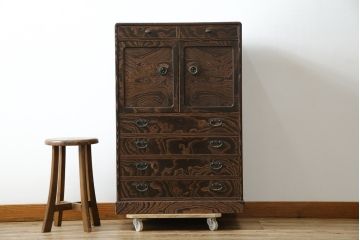 中古　美品!!　高級工芸家具　静岡指物　県知事賞受賞品　前面桑(クワ)材　天板・側面キハダ材　縦型収納箪笥(収納棚、戸棚、サイドチェスト、引き出し、整理箪笥、和タンス、たんす)(R-083920)