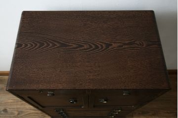 中古　美品!!　高級工芸家具　静岡指物　県知事賞受賞品　前面桑(クワ)材　天板・側面キハダ材　縦型収納箪笥(収納棚、戸棚、サイドチェスト、引き出し、整理箪笥、和タンス、たんす)(R-083920)