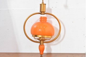 和製ヴィンテージ　オレンジ色の被せガラス×異国情緒漂うデザインのペンダントライト　(R-084112)
