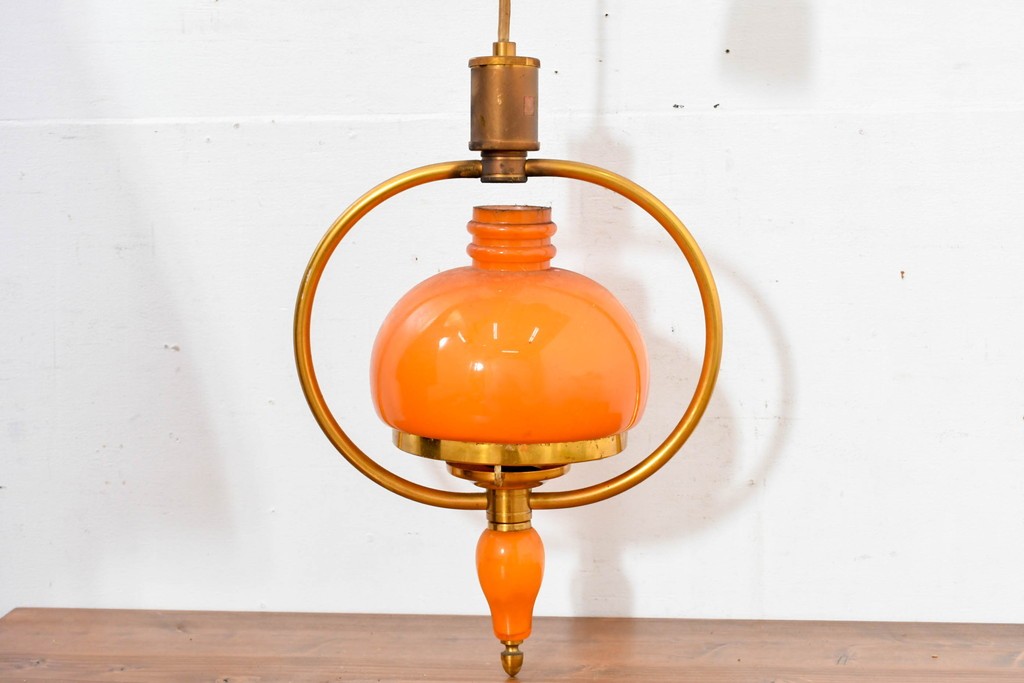 和製ヴィンテージ　オレンジ色の被せガラス×異国情緒漂うデザインのペンダントライト　(R-084113)