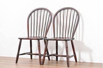 中古　美品　松本民芸家具　シックな佇まいが魅力的な#72型・リーチチェア2脚セット(ダイニングチェア、板座チェア、ウィンザーチェア、ウインザーチェア、椅子、イス、バラ売り可能)(定価約196000円)(R-084128)